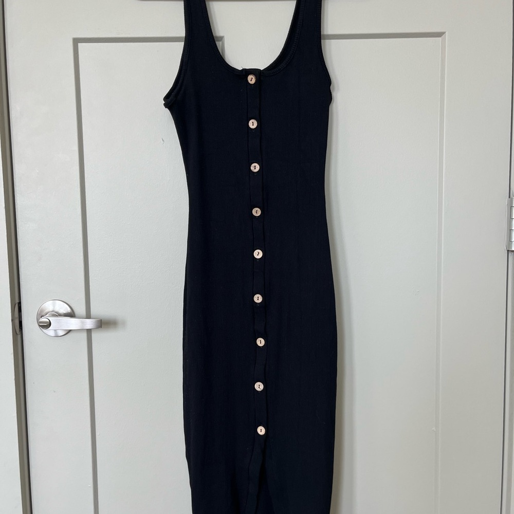 Aqua Black Midi Dress with Button Detail